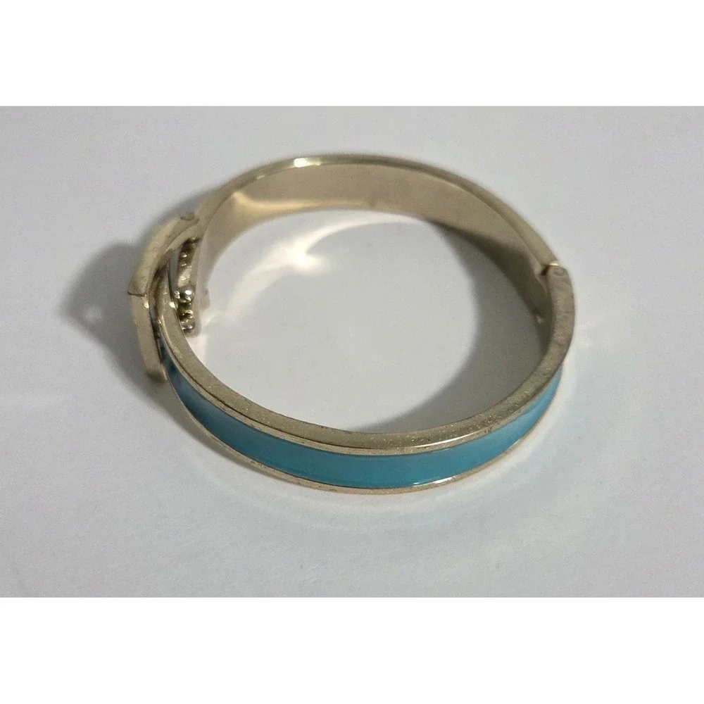 Vintage Gold Tone Retro Teal Green Enamel Belt Buckle Hinged Bangle‎ Bracelet